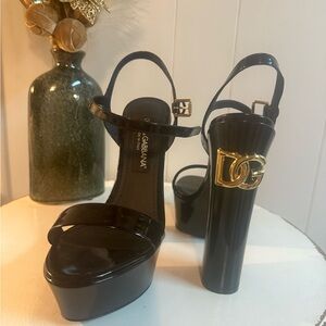 Dolce & Gabbana Black Heeled Sandals with Gold Accent